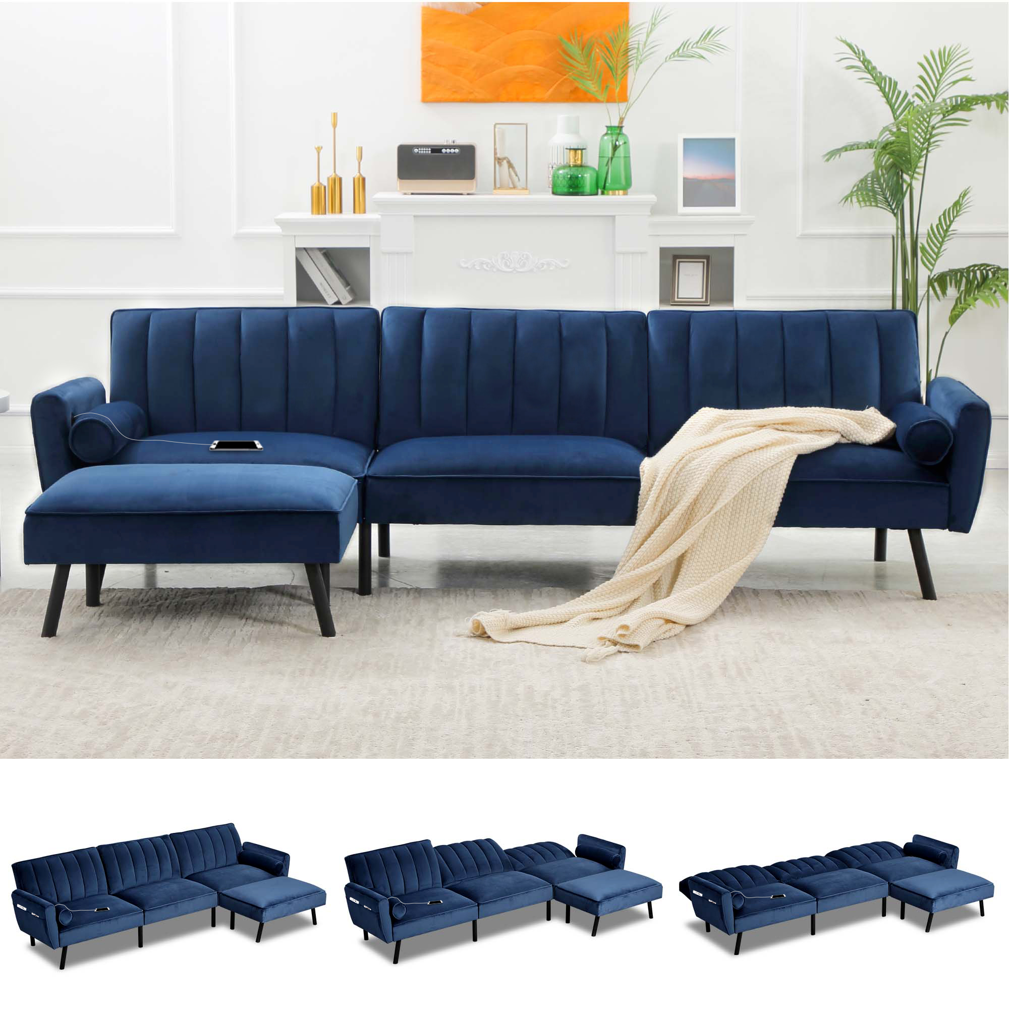 Folding Ottoman Sofa Bed, Convertible Upholstered Daybed with Large