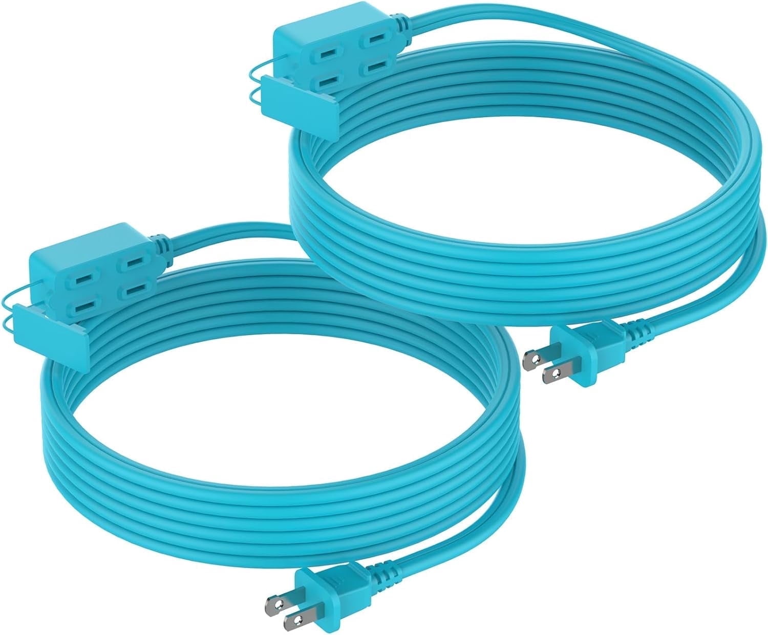 DURATECH 16 Gauge 12 Ft Indoor Extension Cords, 3-Outlet Power Strip- 2 Prong, with Safety Cap, Perfect for Home, Office or Kitchen, Blue, 2 Pack