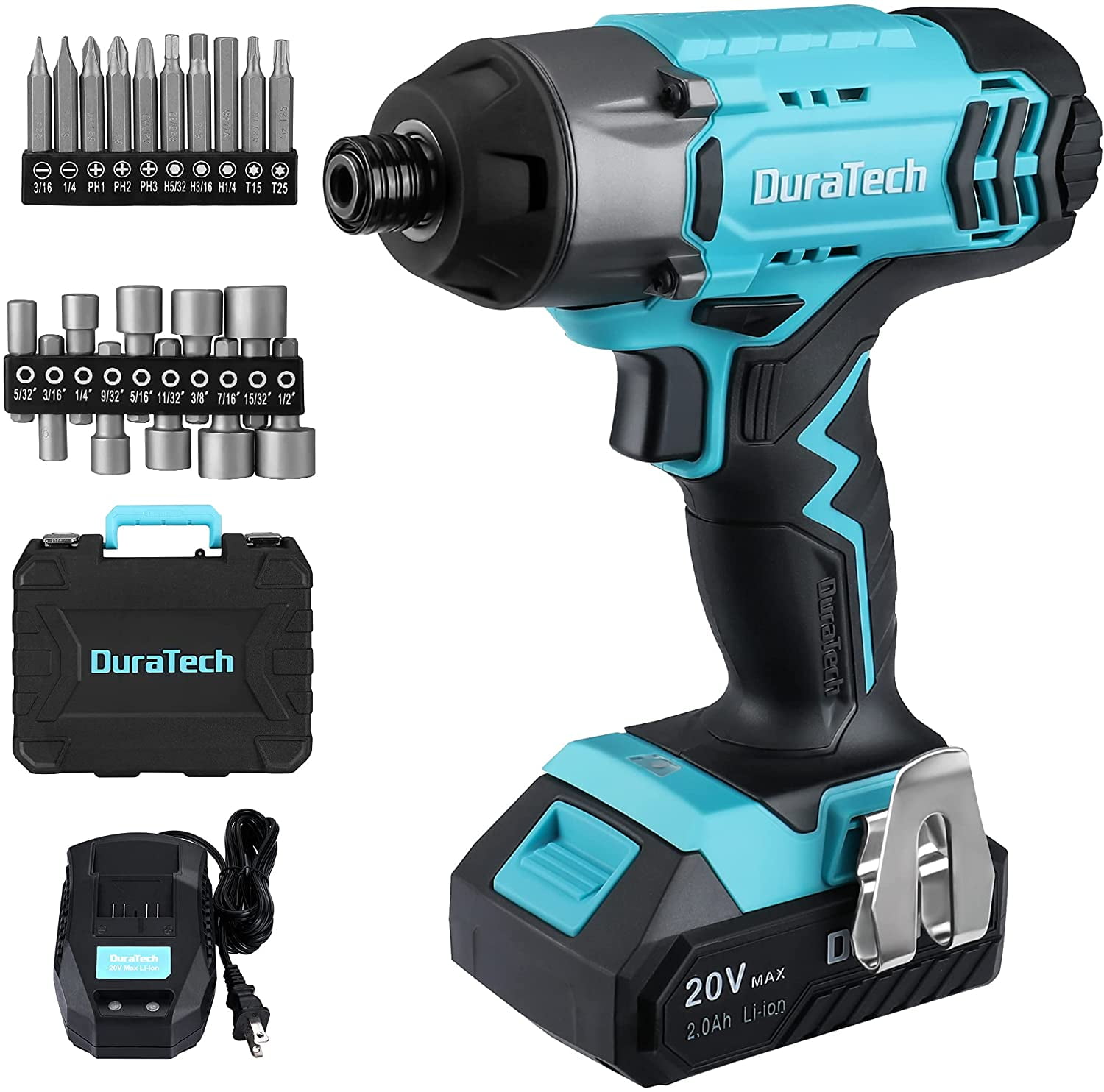 DURATECH 20V Cordless Impact Driver Kit, 1/4-inch Power Impact Driver with  20-Piece Durable Bits, 1500In-lbs, 2600RPM, LED Light, 2.0Ah Battery and  Fast Charger Included