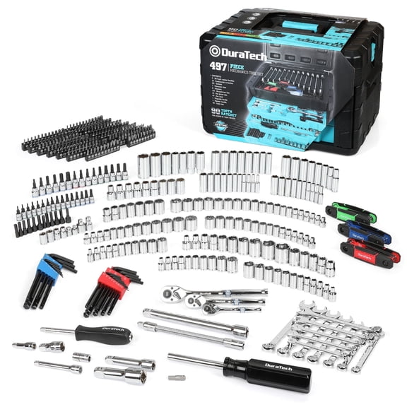 DURATECH 497-Piece Professional Mechanics Tool Set with SAE and Metric Sockets, 90-Tooth Ratchets and Wrenches, 3-Drawer Heavy Duty Tool Box