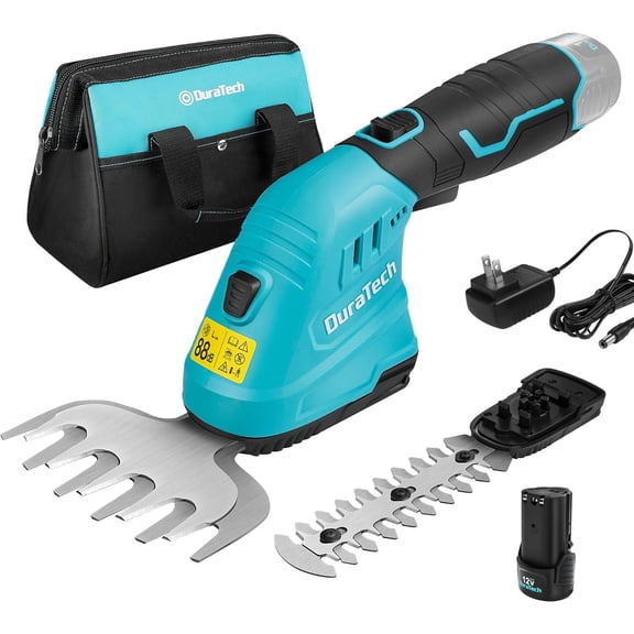 DURATECH 12V Cordless 2-in-1 Hedge Trimmer & Grass Shears, Lightweight 1.66lb Handheld Garden Trimmer, Ergonomic Rotating Handle, Safe & Easy for Men & Women, Includes 2.0Ah Battery, Charger & Storag
