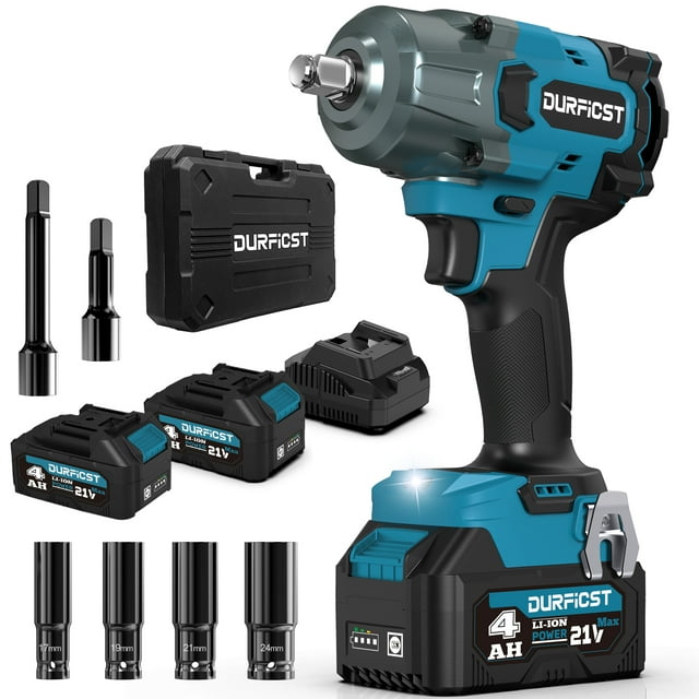 DURFICST 1000N.m Cordless Impact Wrench, 1/2" High Torque, 2x 4.0AH Battery, 4 Sockets & 2 Extension Rods, Single Pack