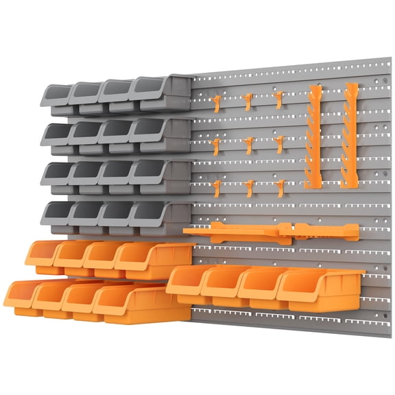 DURHAND 44 Piece Wall Mounted Pegboard Tool Organizer Rack Kit with Various Sized Storage Bins, Pegboard, & Hooks, Orange,