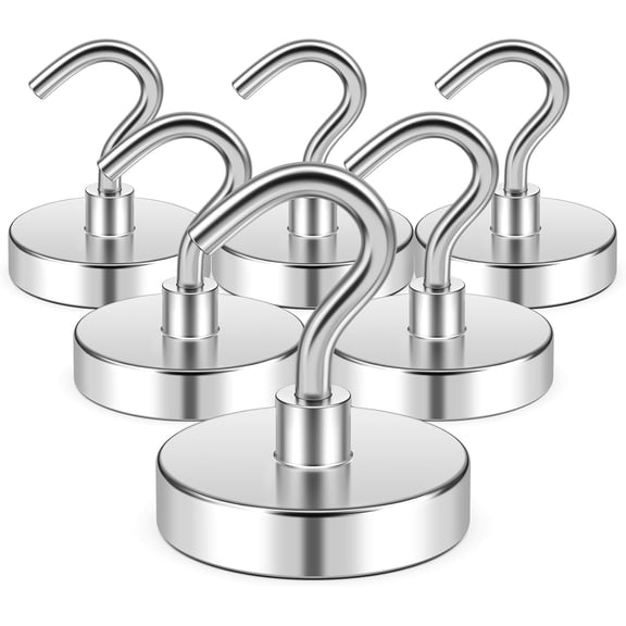 DURMATEMagnetic Hooks Heavy Duty, N52 Strong Rare Earth Magnetic Hooks for Hanging, Neodymium Magnet with Hooks for Refrigerator, Home, Kitchen, Office, Cruise (Silver, 6 Pack, 80lbs)