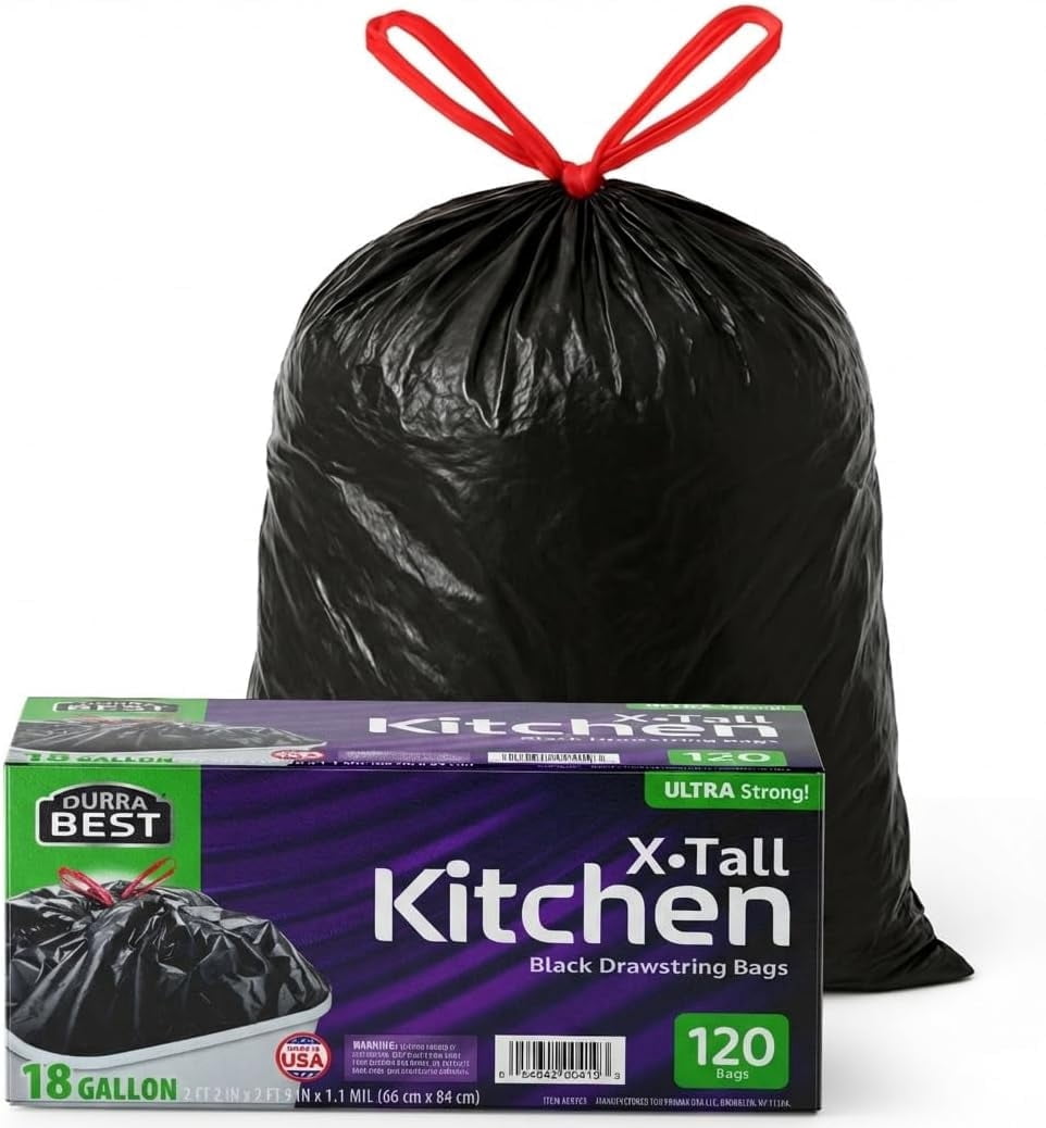 DURRA BEST Heavy-Duty Trash Bags – 120 count, 18 Gallon Black, Ultra Thick Drawstring Garbage Bags – Leak-Resistant for Home & Commercial Use, Big Trash Bags, Made in USA