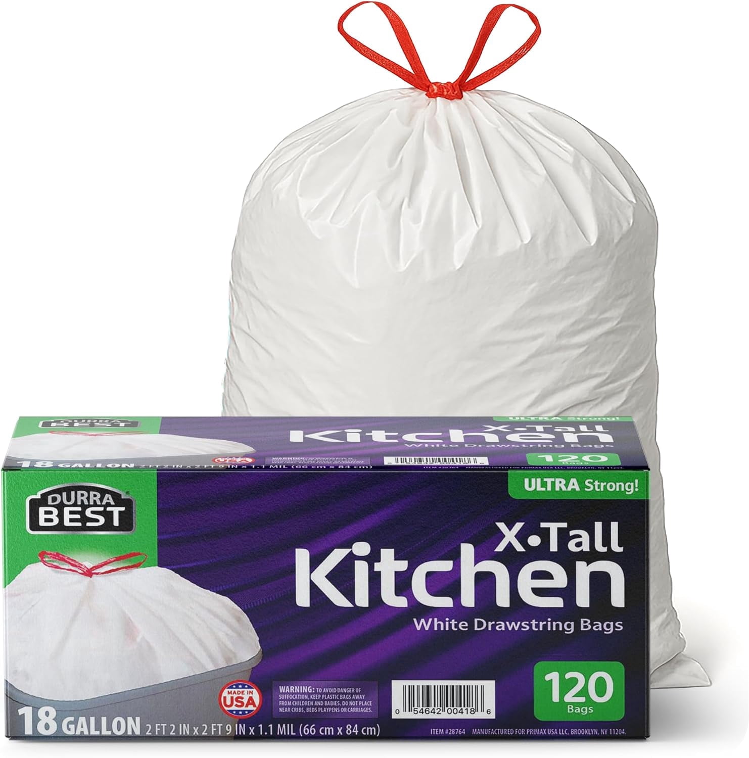 DURRA BEST Heavy-Duty Trash Bags – 120 count, 18 Gallon White, Ultra Thick Drawstring Garbage Bags – Leak-Resistant for Home & Commercial Use, Big Trash Bags, Made in USA