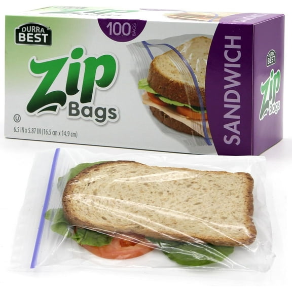 DURRA BEST. Sandwich Zip Bags - 100 Count -Freezer Safe, Leak-Proof, Strong Seal, and Resealable for Lunch, Snacks, Fruit, and Veggies