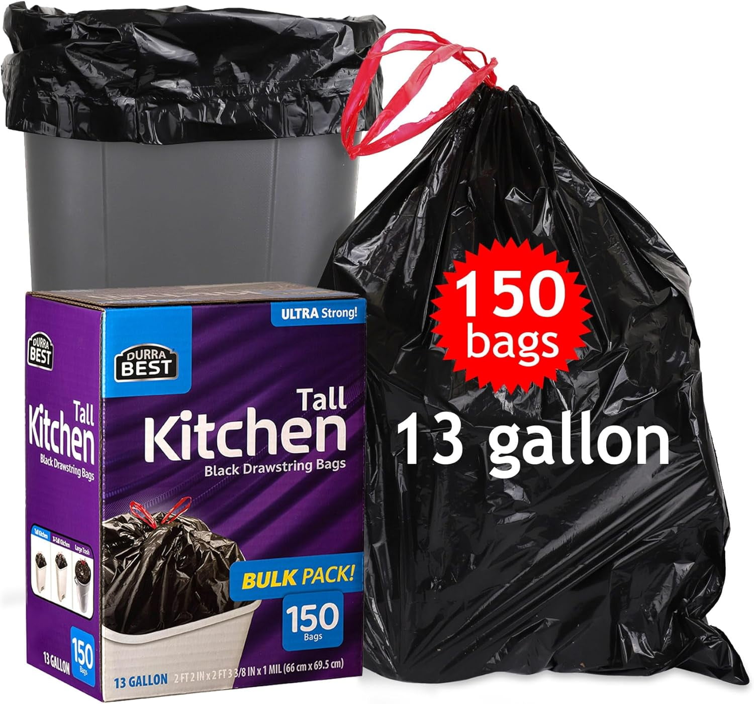 DURRA BEST. Tall Kitchen Drawstring Trash Bags 13 Gallon 150 Count