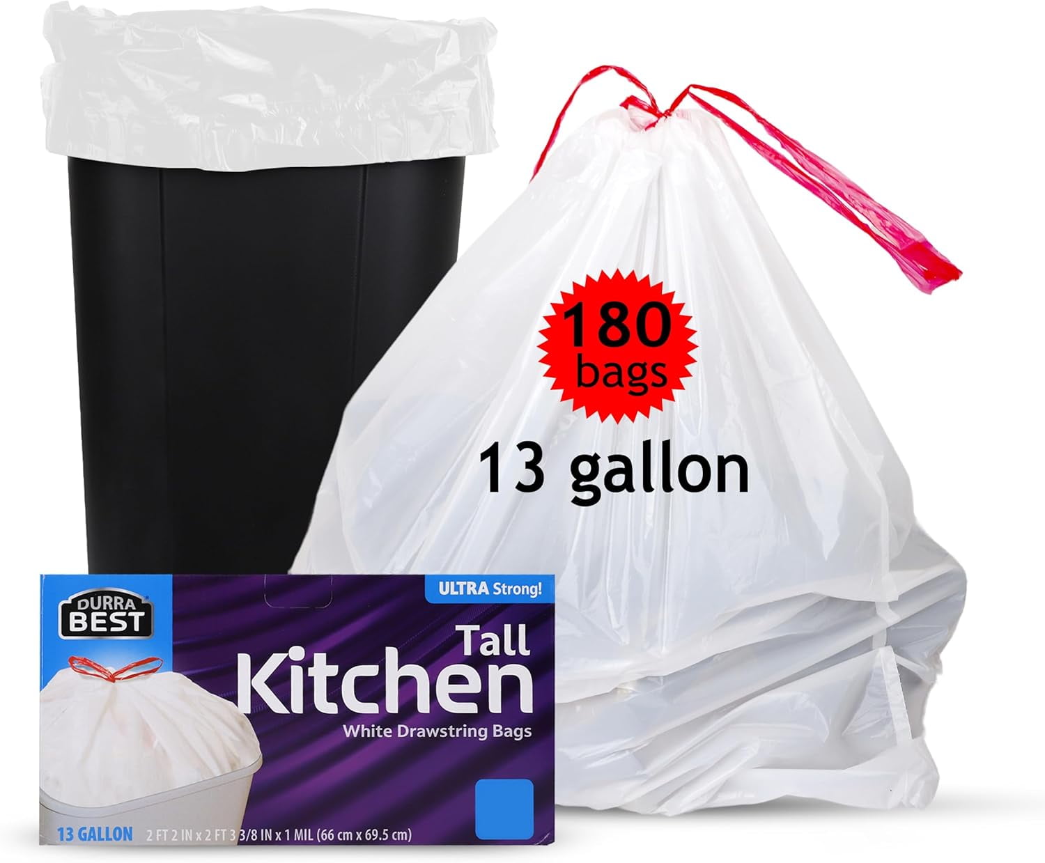 DURRA BEST. Tall Kitchen Drawstring Trash Bags 13 Gallon 180 Count