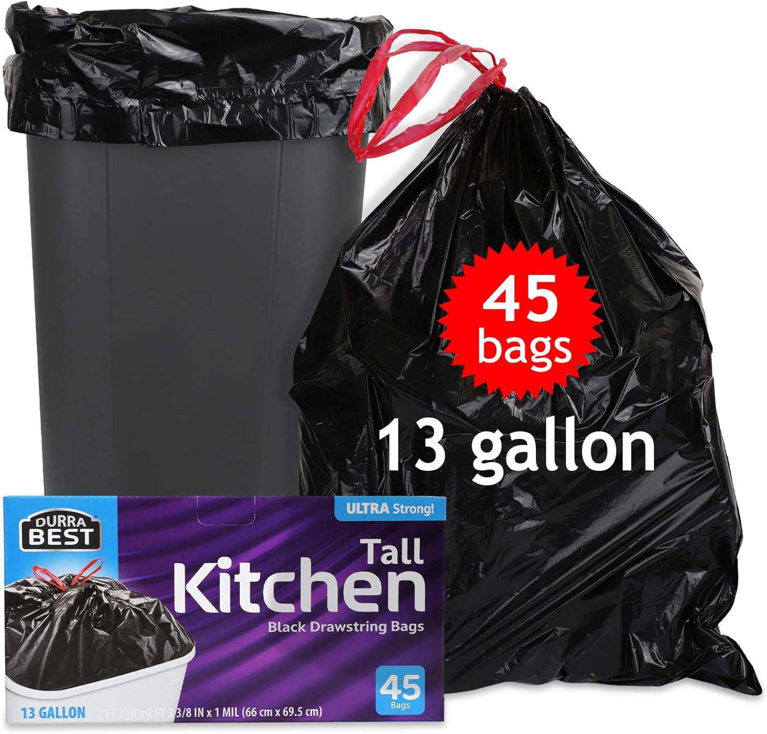 DURRA BEST. Tall Kitchen Drawstring Trash Bags 13 Gallon | 45 Count ...