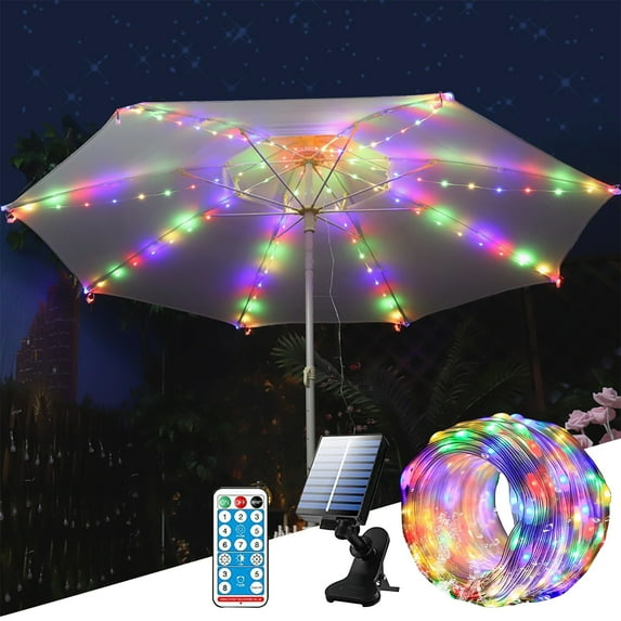 DURUA 51.18 in Solar Lights Outdoor, ​​IP65 Waterproof Colorful LED Umbrella Lights 8 Modes with Remote, Ground stake & Solar Panel for Beach Tent Camping Garden Party Decor