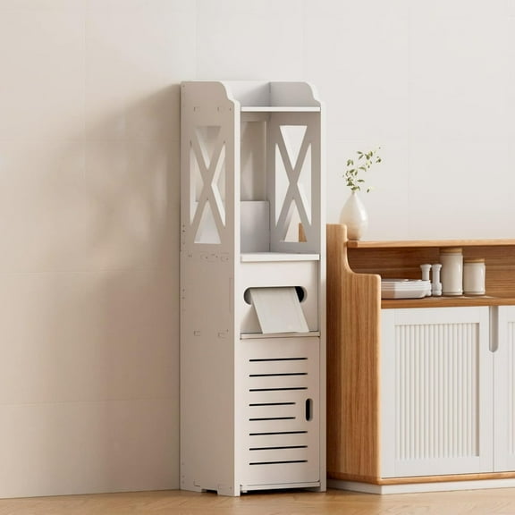 DURUA Bathroom Floor Storage Cabinet, Anti-toppling Wooden Freestanding Cabinet with Drawer & Single Shutter Door for Home (White, 31.4x5.9x5.9in)