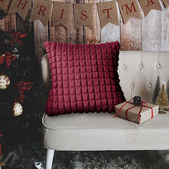 DURUA Decorative Throw Pillows for Couch, Square Sofa Cushion Support, Fluffy Plaid & Soft Plush Modern Home Decor for Couch Bed, 17.3x17.3in Wine