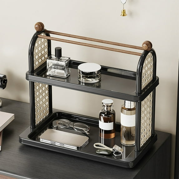 DURUA Double Layer Desk Rack Storage Shelf Water Cup Jar Display Stand Kitchen Organizer Countertop Stand, Brown(Black, 10.08 x 7.95 x 13.19 in)