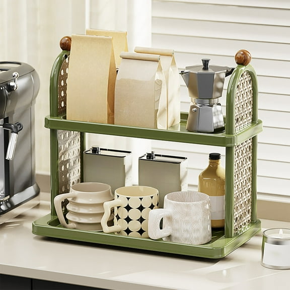 DURUA Double Layer Desk Rack Storage Shelf Water Cup Jar Display Stand Kitchen Organizer Countertop Stand, Brown(Green, 10.08 x 7.95 x 13.19 in)