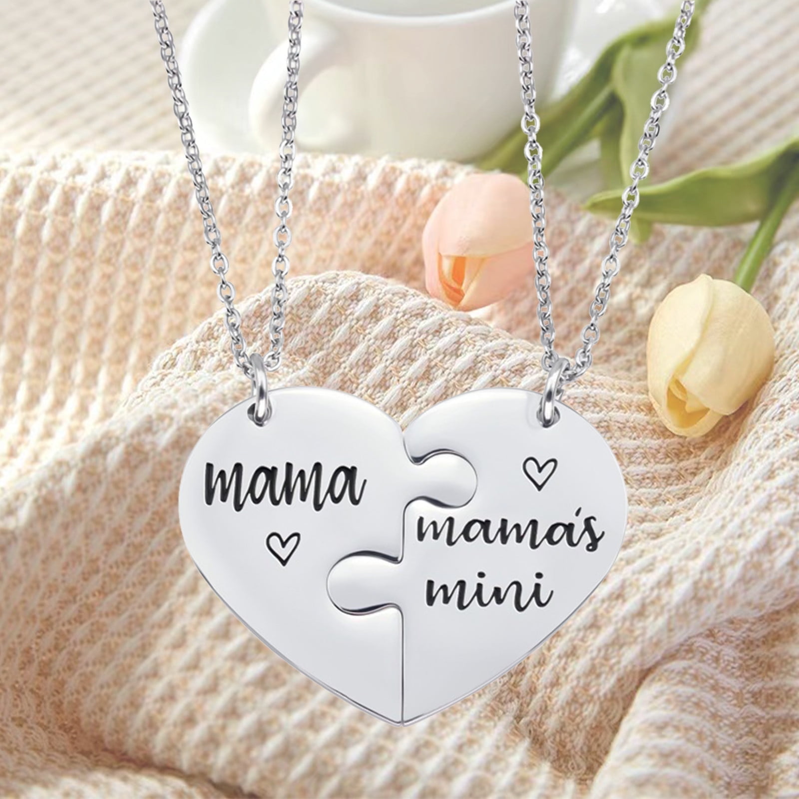 Him And Her Matching Necklaces - Stainless Steel Heart Pendant I Love You Set With CZ, 50cm & 60cm Chains
