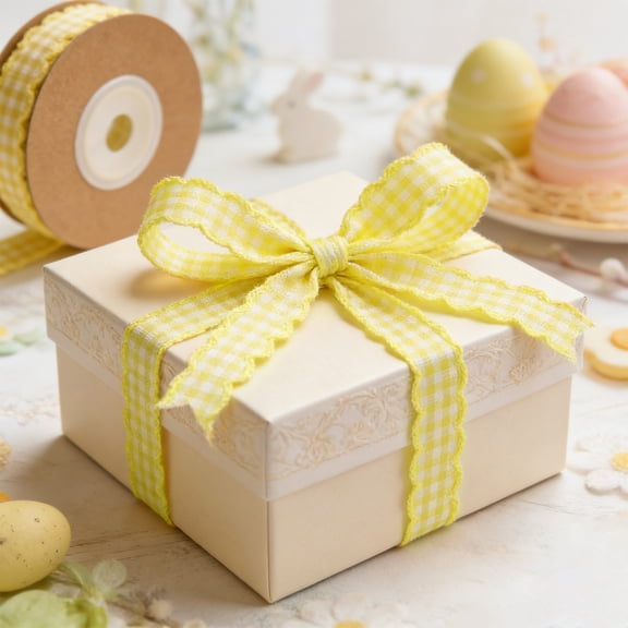 DURUA Plaid Ribbon Hair Clip Headband With Bow Wavy Ear Trim 1.30cm/5yd Yellow DIY Craft Hair Accessories Party Home Decor Supplies