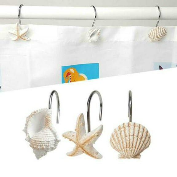 DURUA Seashell Shower Curtain Hooks, 12 Pack Seashell Decorative Resin Shower Curtain Rings Hooks for Bathroom Bedroom Decor, Adaptable to 0.8-1.1 Inch Curtain Rod, Beige