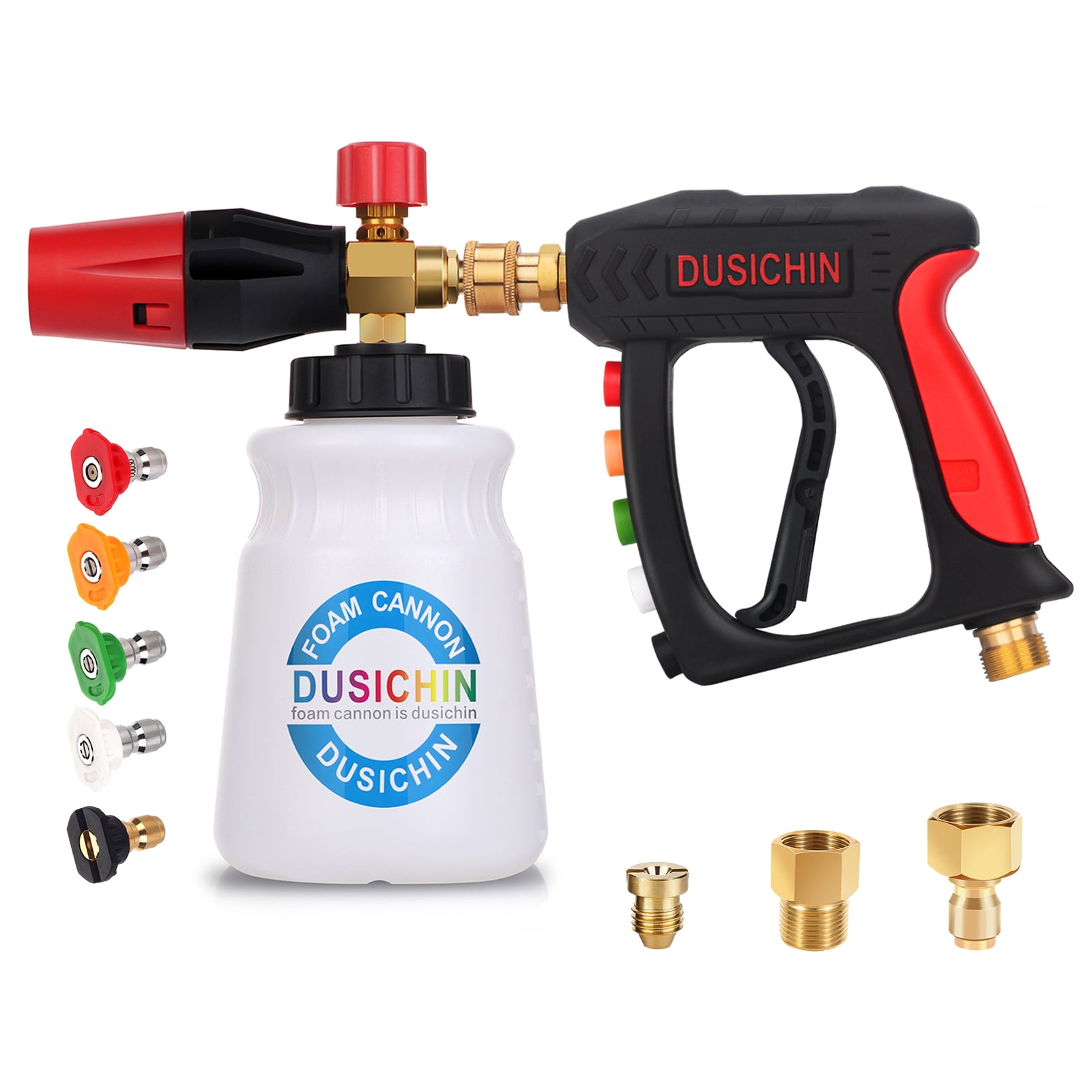 DUSICHIN Foam Cannon Short Pressure Washer Gun 1/4 Inch Quick Connector,5 Pressure Washer Nozzle Tips Car Wash Foam Gun 3/8'' Swivel Quick Connector,M22-14mm M22-15mm Fitting,Not Use with Garden Hose