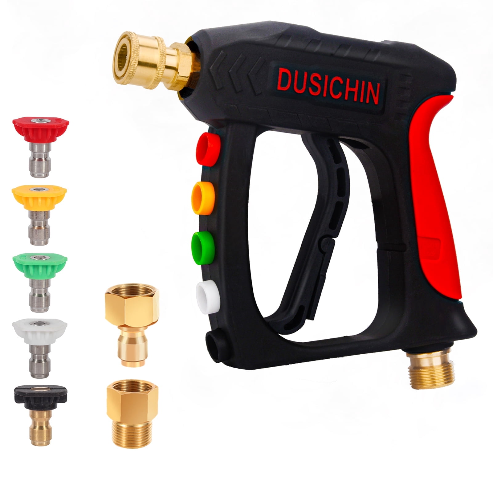 DUSICHIN Short Pressure Washer Wand High Spray Gun 5 Nozzle Tips 3000 PSI,Foam Cannon Attachment 1/4" Quick Connector Outlet,M22-14mm M22-15mm Fitting,Not Use with Garden Hose
