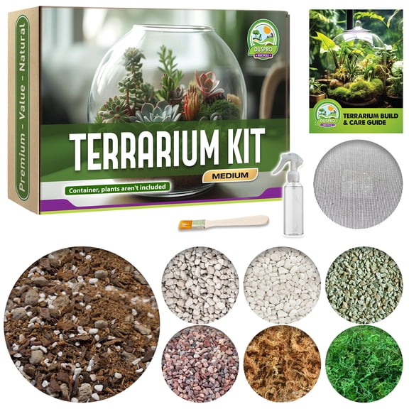 DUSPRO All-In-One Terrarium Starter Kit, Include Potting Soil, Pumice, Zeolite, Green Moss, Sphagnum Moss, Decorative Stone, Mesh, Tools & Guide, DIY Terrarium Kit for Air Plant & Succulent