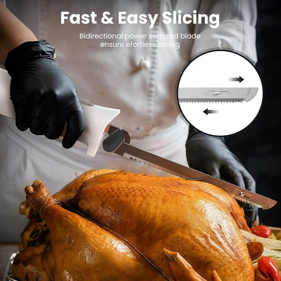 DUSSAL Cordless Electric Knife Rechargeable, Electric Carving Knife, 4 Stainless Steel Blades, Safety Lock Switch, Blade Release Buttons, Cutting Meats, Poultry, Bread, Cheese & More (White)