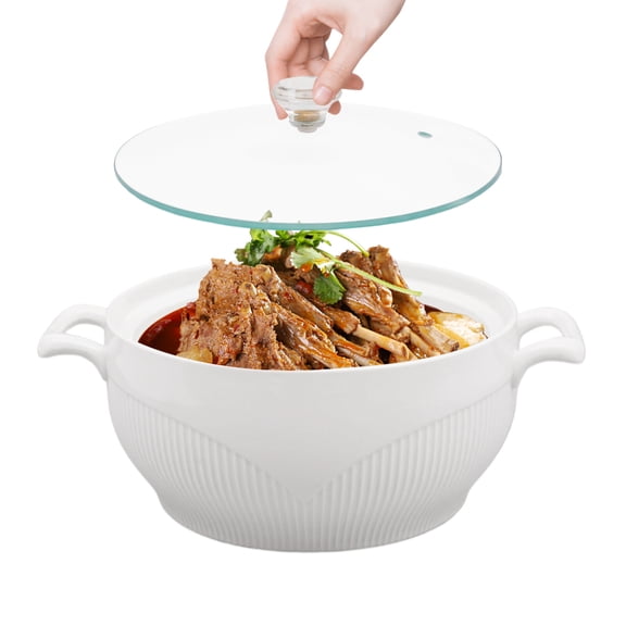 DUYIWAA 0.4Gallon Round Ceramic Soup Tureen Serving Bowl Double-handled Soup Bowl with Glass Lid & Soup Ladle