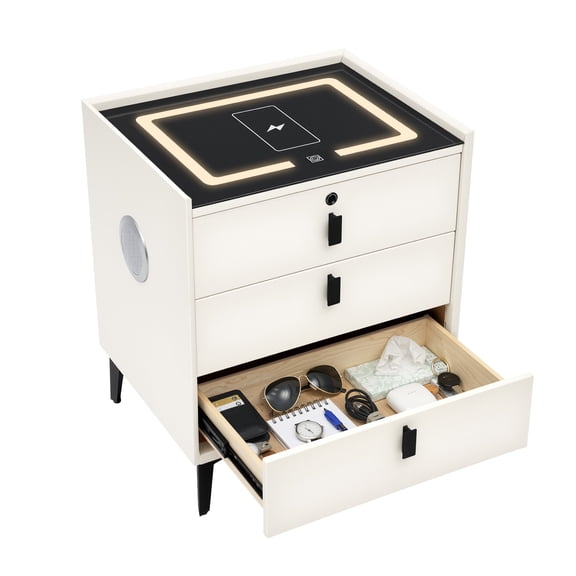 DUYIWAA 3 Drawers Bedside Cabinet Bedroom Nightstand Side Table with 3-Color LED Light, USB&Wireless Charging, Fingerprint Lock and Bluetooth Speaker