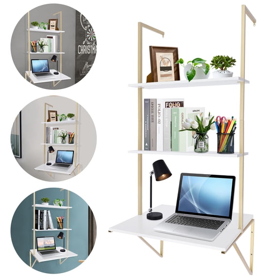 DUYIWAA 3 Layers Wall Mounted Storage Rack Floating Shelf Wall Hanging Computer Desk Ladder Book Shelf for Small Space Home Office