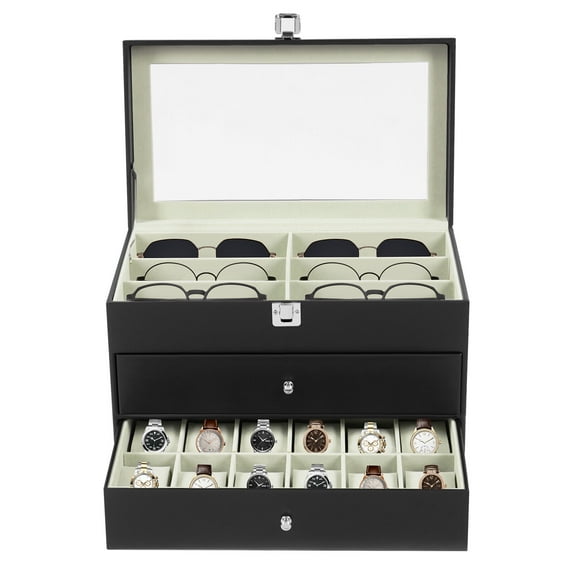 DUYIWAA 3 Tiers Watch Box Sunglasses Case Jewelry Storage Display Box Eyeglasses Organizer Case