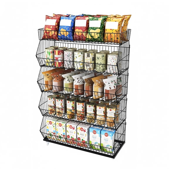 DUYIWAA 5 Layers Retail Display Rack Wire Grid Shelf Fruit Vegetable Snack Storage Basket with 4 Pulleys Black