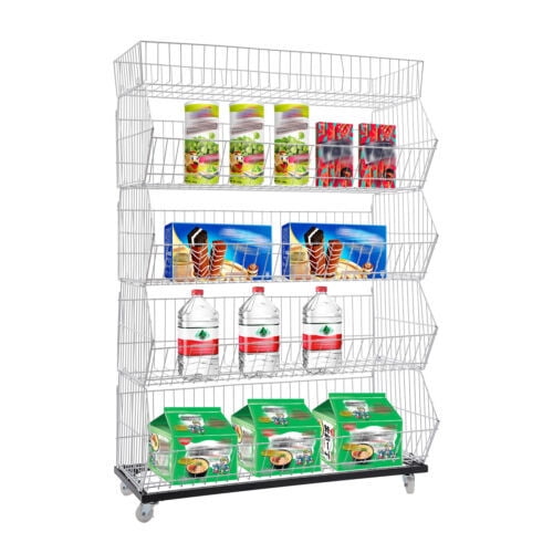 DUYIWAA 5 Tiers Retail Display Rack Freestanding Market Shelf Movable Storage Display Basket with 4 Pulleys