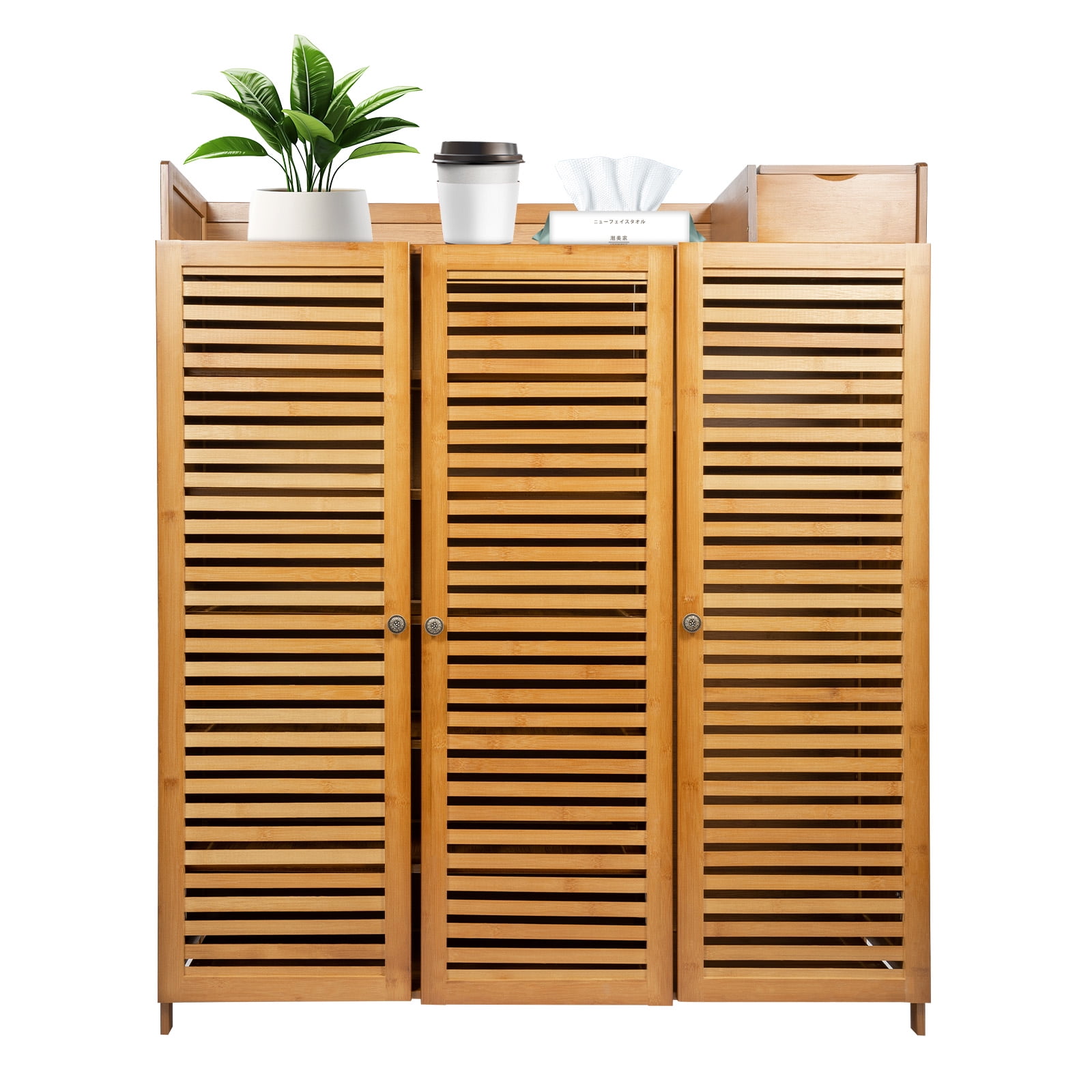 DUYIWAA 7-layer Bamboo Shoe Storage Rack Entryway 3-Door Shoe Cabinet Shoes Boots Organizer