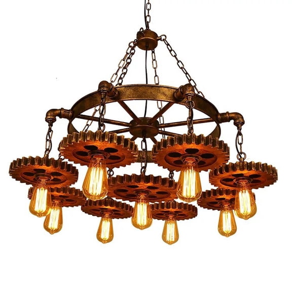 DUYIWAA 9-Head Rustic Ceiling Light Steampunk Gear Chain Chandelier Pendant Lamp Fixture Height-Adjustable