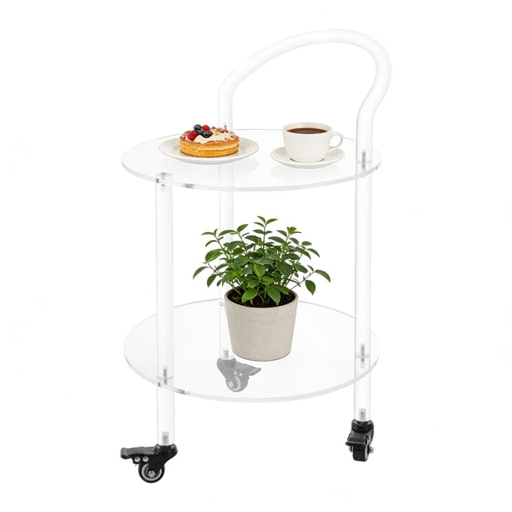 DUYIWAA Clear Acrylic 2-Tier Rolling Cart Modern Round Side Table Mobile Small End Table with 3 Wheels