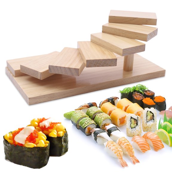 DUYIWAA Sushi Serving Tray Pine Wood Sushi Rack 7-Step Staircase Food Display Stand Dessert Plate