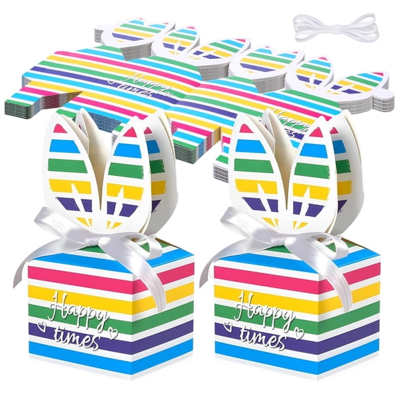 DUYIWUE 10 Pack Easter Bunny Ear Gift Boxes, Rainbow Striped Square Treat Boxes with Silver Ribbons, Paper Candy Containers for Easter Party Favors and Egg Hunts, 3.15 * 2.36 in