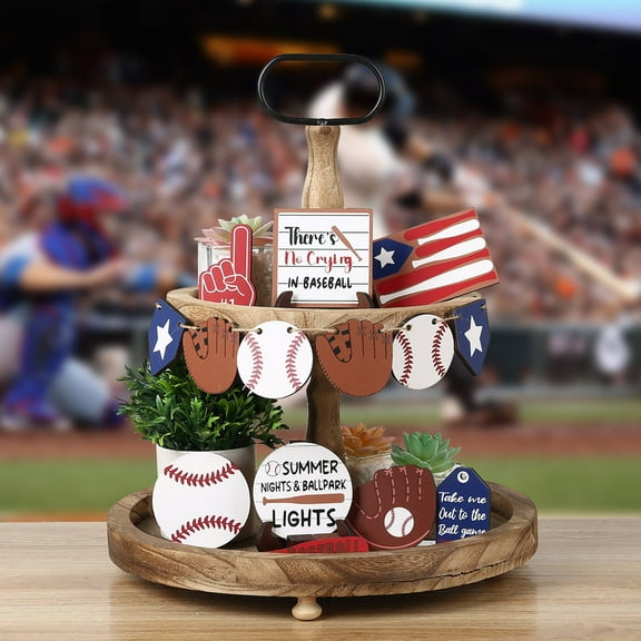 DUYIWUE 16 PCS Baseball Tiered Tray Decor Set, Baseball Wooden Block Signs, Sport Theme Tabletop Signs with Hemp Rope for Home Party Table Centerpiece Supplies