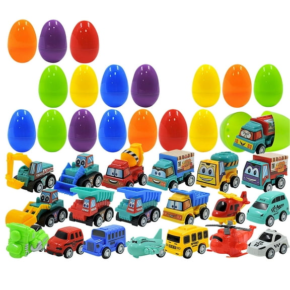 DUYIWUE 20 PCS Prefilled Easter Eggs with Construction & Race Vehicles, Colorful Plastic Eggs Filled with Mini Toy Cars, Trucks & Planes for Easter Egg Hunt, Basket Stuffers, Party Favors