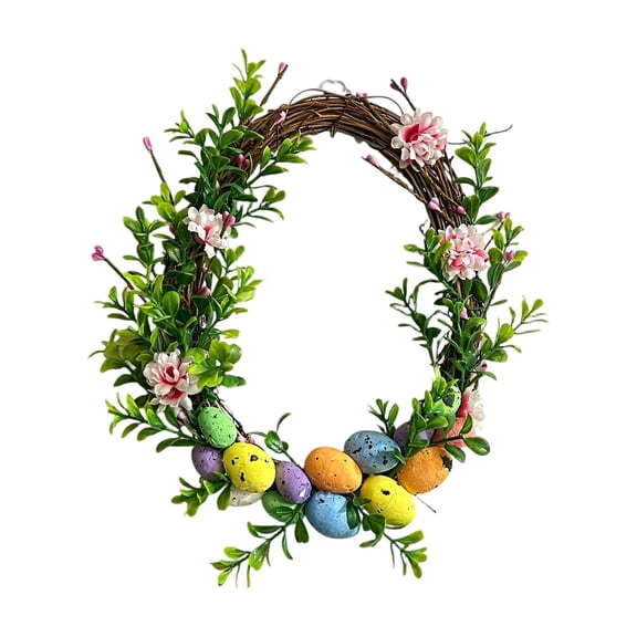 DUYIWUE Bright Spring Easter Eggs Wreath 11.8 inches, Artificial Spring Handmade Oval Grapevine Wreath, for Door Wall Hanging Party Wedding Decoration Indoor Outdoor