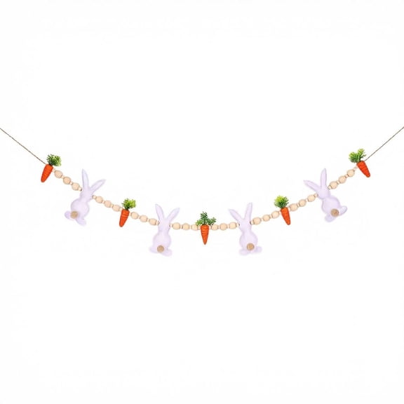 DUYIWUE Easter Bunny Carrot Garland 51 inches, Cute Banner with Bunny Carrot and Wooden Beads, Easter Banner Decoration for Mantle Fireplace Tree Window Spring Decor Tiered Tray