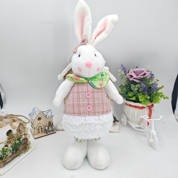 DUYIWUE Easter Bunny Plush 18 inches, Standing Rabbit Figurine with Plaid Cloth and Bowtie, Craft Ornament for Spring Indoor Courtyard Eatser Gifts Decoration