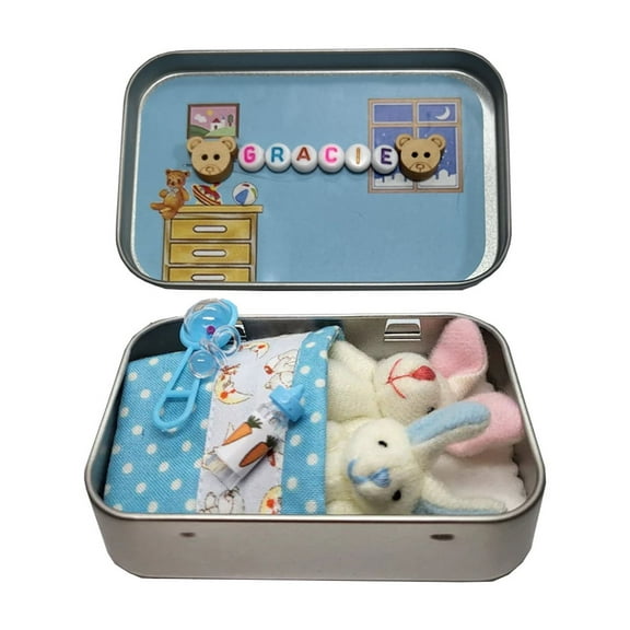 DUYIWUE Easter Bunny Plush with Tin Box 2.36 inches, Little Pocket Bunny Decorative Boxes, Mom and baby Rabbit are Lying with Cotton Blanket, Easter Basket Stuffer, Easter Gifts for Kids