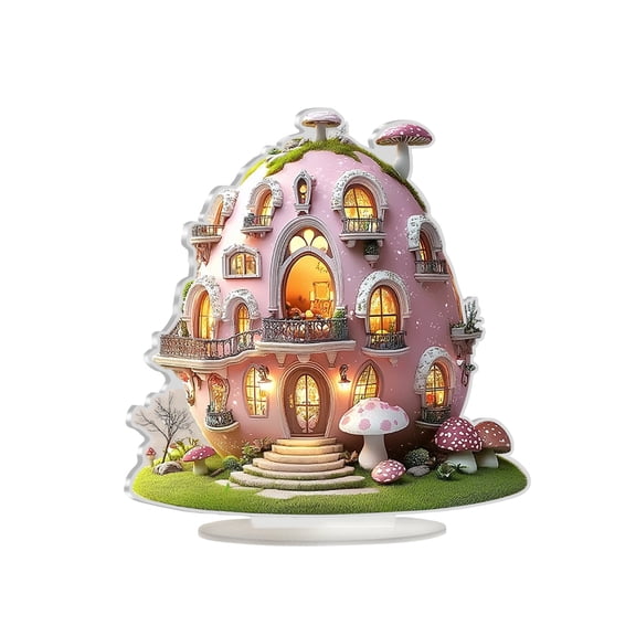 DUYIWUE Easter Egg Tabletop Ornament 7.8 inches, 2D Flat Acrylic Egg House with Bunny Desktop Ornament, for Easter Partty Home Office Desktop Display