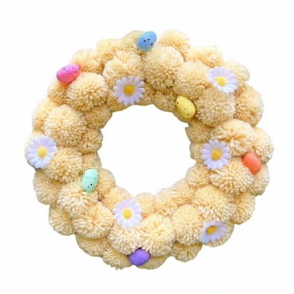 DUYIWUE Easter Plush Pom Pom Wreath 11.8 inches, Spring Yellow Fuzzy Balls Garland with Daisy Egg, Cute Soft Plush Balls Flower Wreath, Ideal for Front Door, Wall, Mantel, Easter Decor
