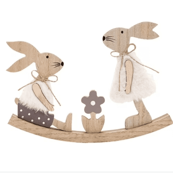 DUYIWUE Easter Seesaw Bunny Figurine 6 inches, Wooden Bunny Craft with Fuzzy Accents and Flower Decoration, for Easter Tabletop Display, Home Decor and Party Ornament