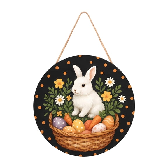 DUYIWUE Easter Wooden Hanging Sign 7.8 inches, Round Easter Bunny Sign Door Decoration, Rustic Easter Rabbit Wood Wreath Sign for Easter Spring Holiday Front Door Wall Farmhouse Porch Decor