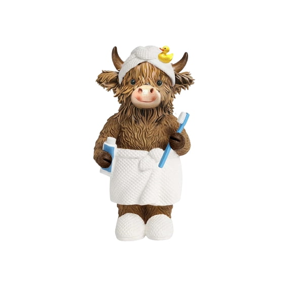 DUYIWUE Highland Cow Figurines Decor 4.7 inches, Resin Bull Statue with Bath Towels, for Farmhouse Desktop, Kitchen, Office and Bathroom Display