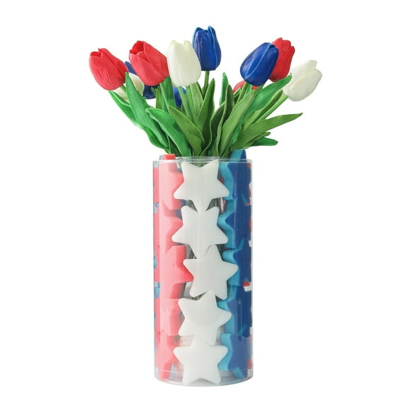 DUYIWUE Independence Day Star Ornaments with Simulated Tulips 15 inches, Patriotic Red White Blue Star and Tulips Ornament, 4Th Of July Tabletop Displays for Home, Office, Party
