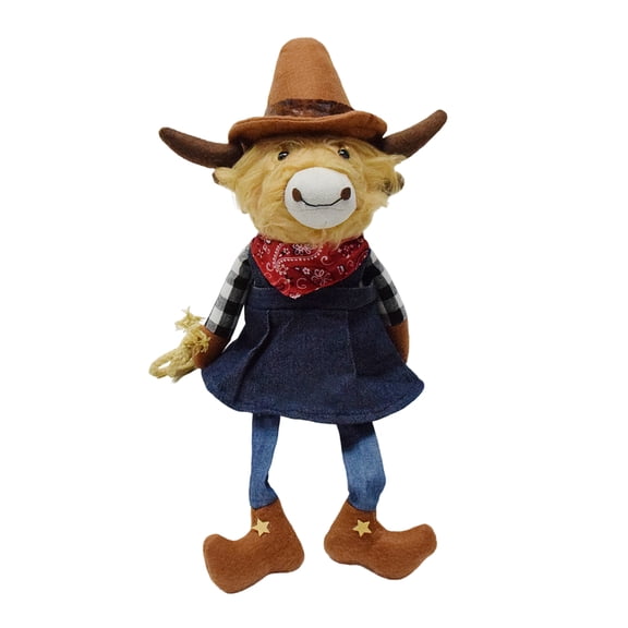 DUYIWUE Western Cowboy Highland Cow Stuffed Animal 16.5 inches, Handmade Realistic Plush Wild West Cow Ornament, Sitting Farm Cattle Party Decor Birthday Present for Friends, Family